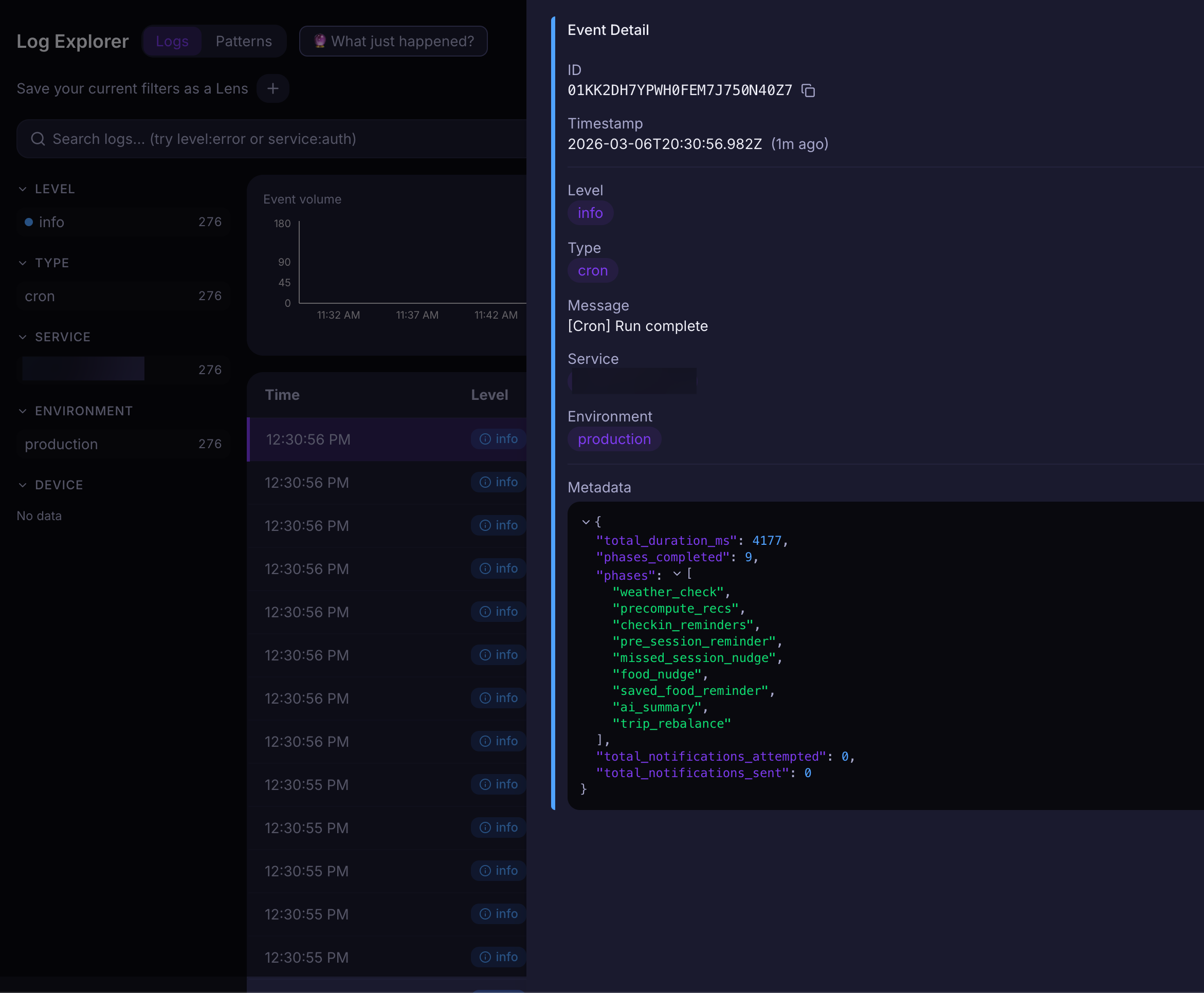 ScryWatch log event detail panel showing structured metadata